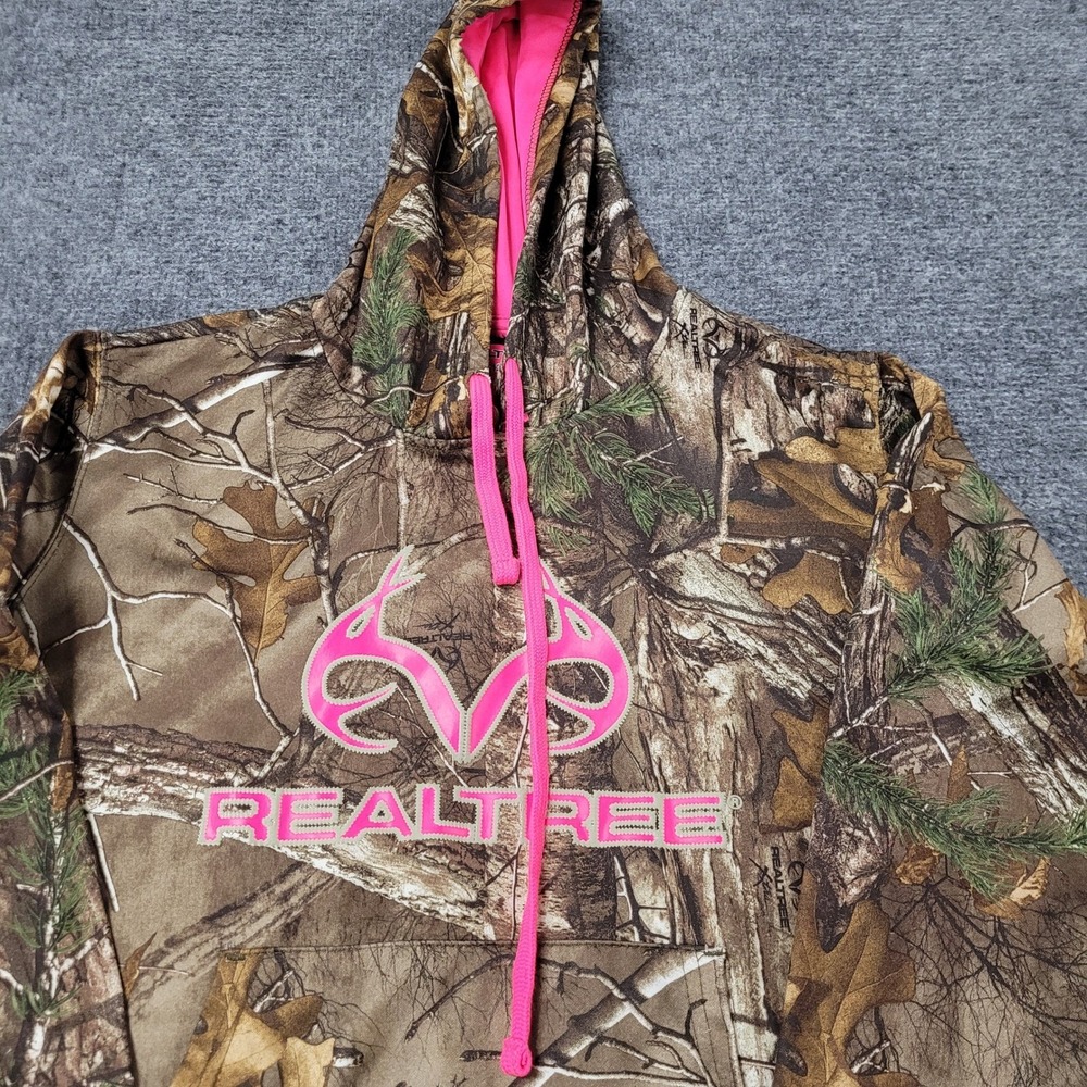 Realtree Hoodie Womens Size L Brown Camo Pink Logo Pullover Outdoor Casual Rip